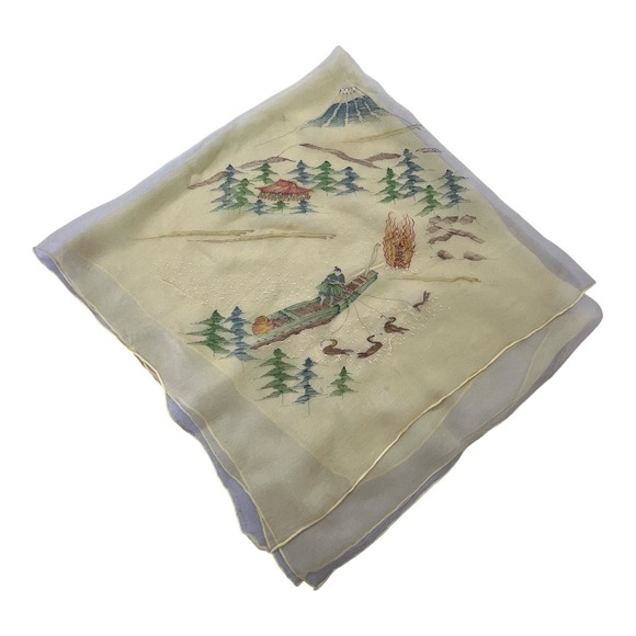 Unbranded Accessories - Vintage Hand Painted Japanese Scarf Mount Fuji Pagoda Fisherman Yellow 34in READ